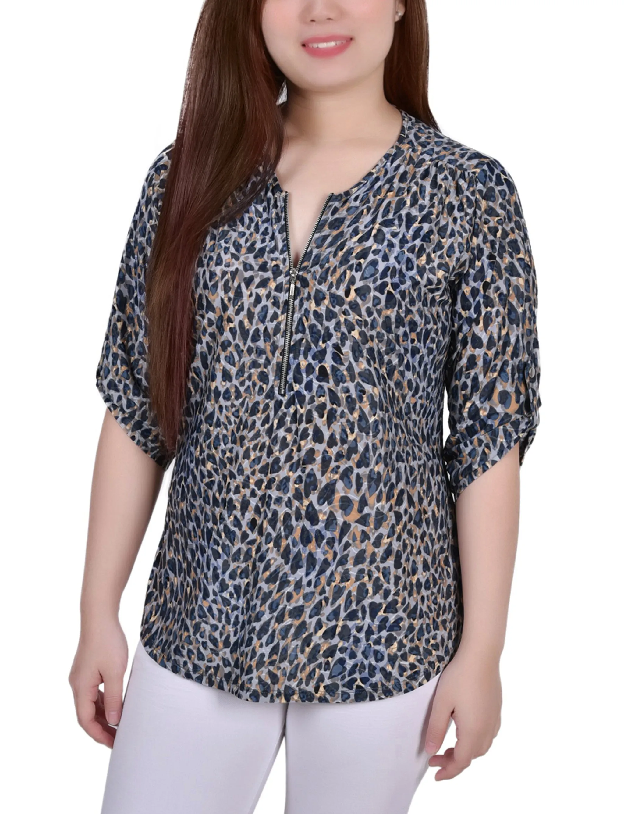 3/4 Roll Tab Zip Front Jacquard Knit Top