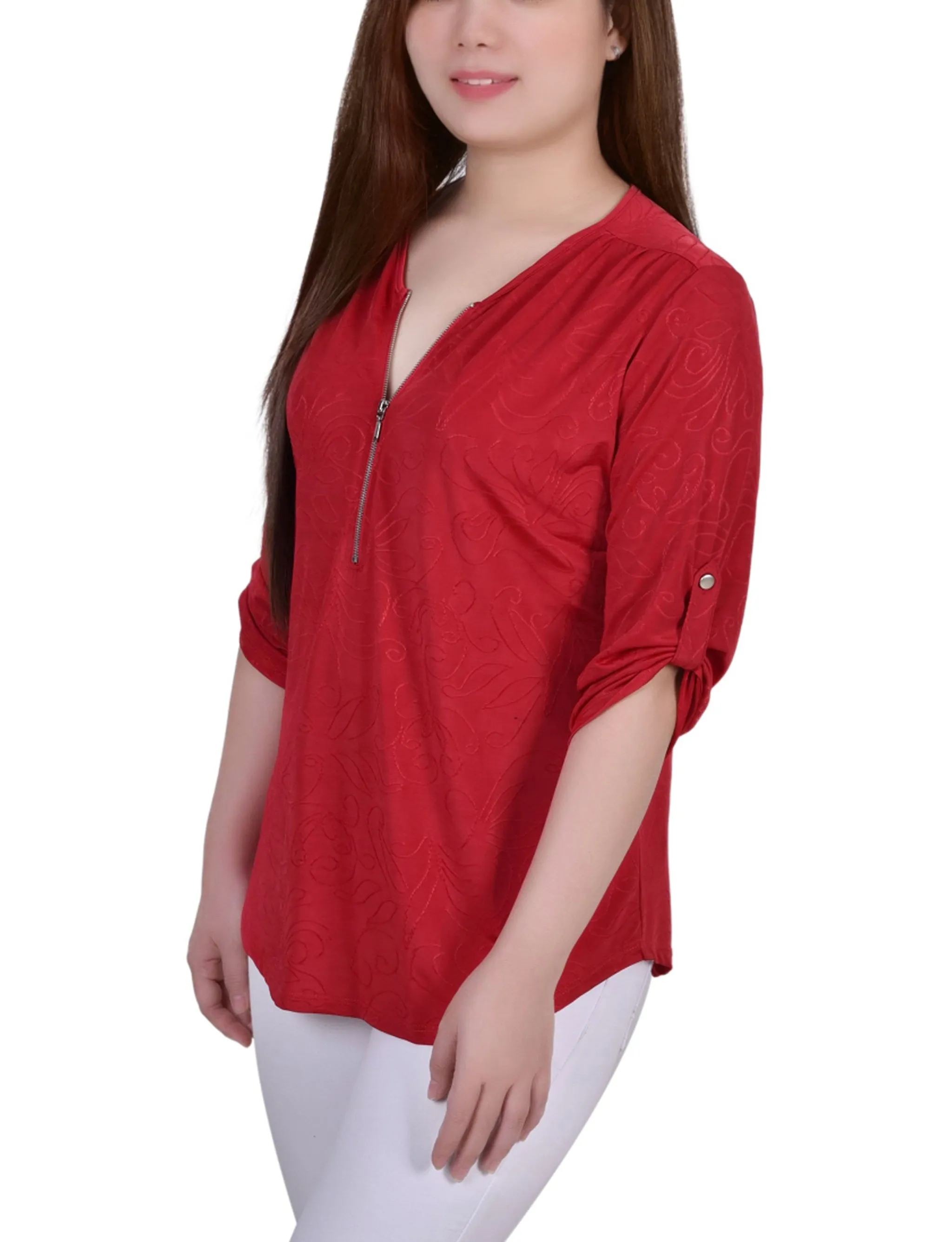 3/4 Roll Tab Zip Front Jacquard Knit Top