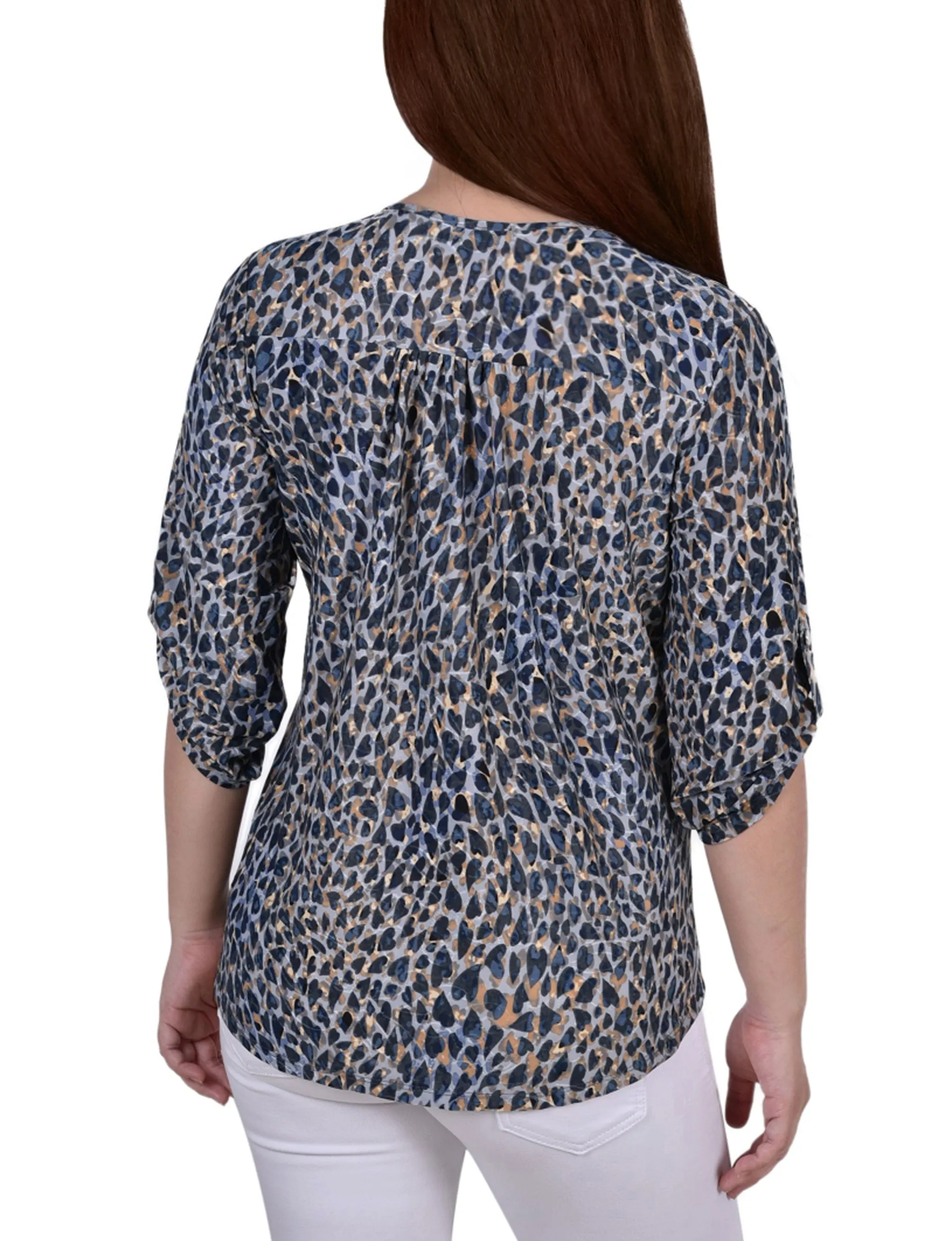 3/4 Roll Tab Zip Front Jacquard Knit Top