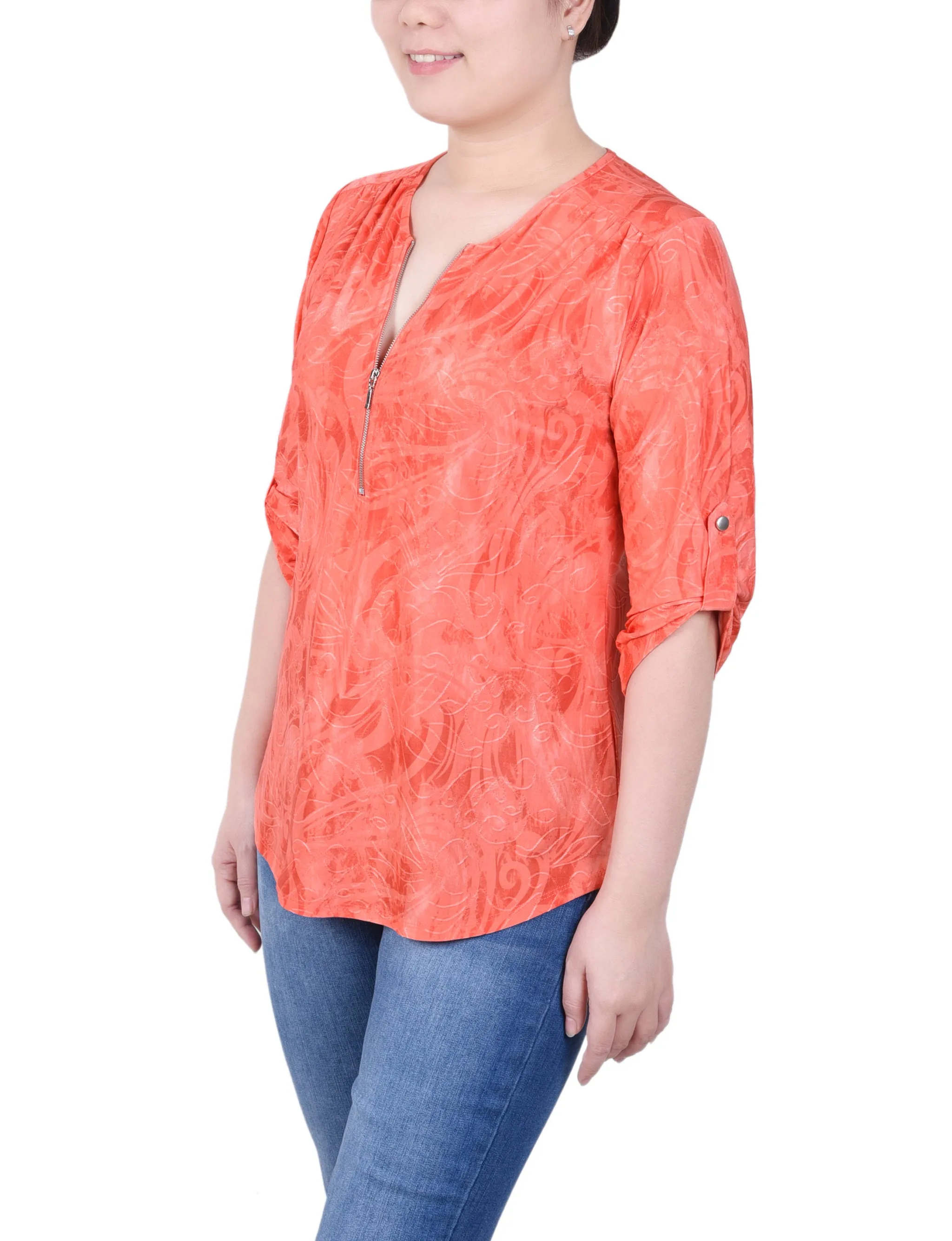 3/4 Roll Tab Zip Front Jacquard Knit Top