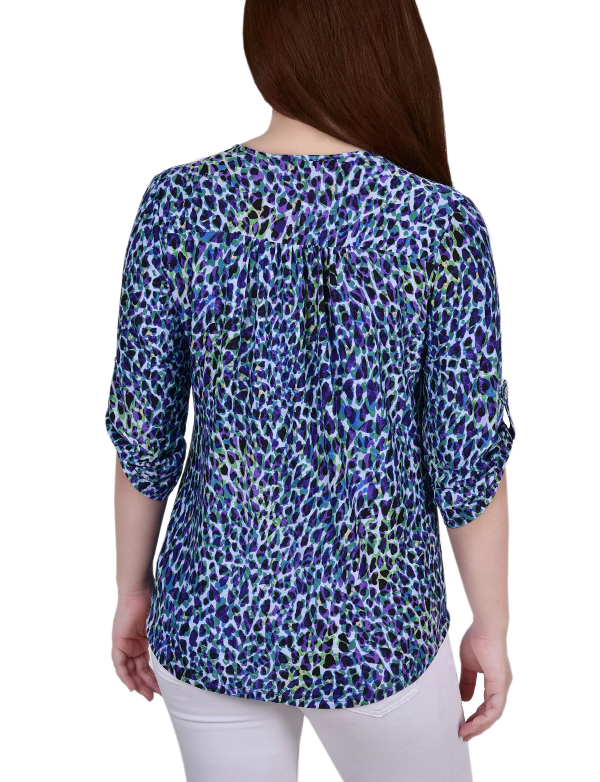 3/4 Roll Tab Zip Front Jacquard Knit Top