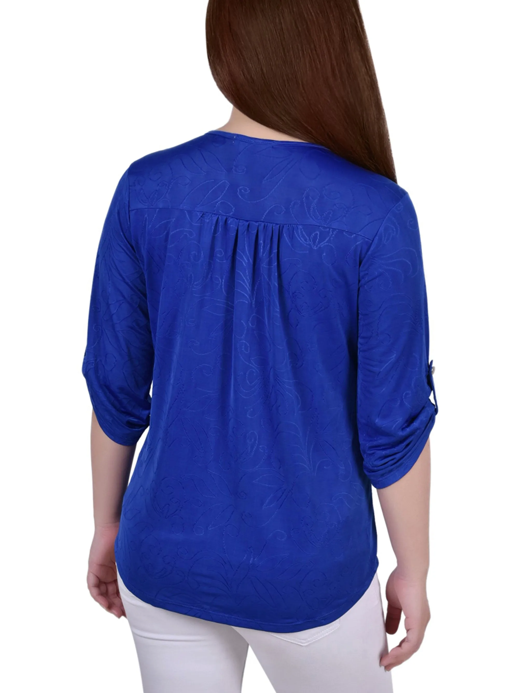 3/4 Roll Tab Zip Front Jacquard Knit Top