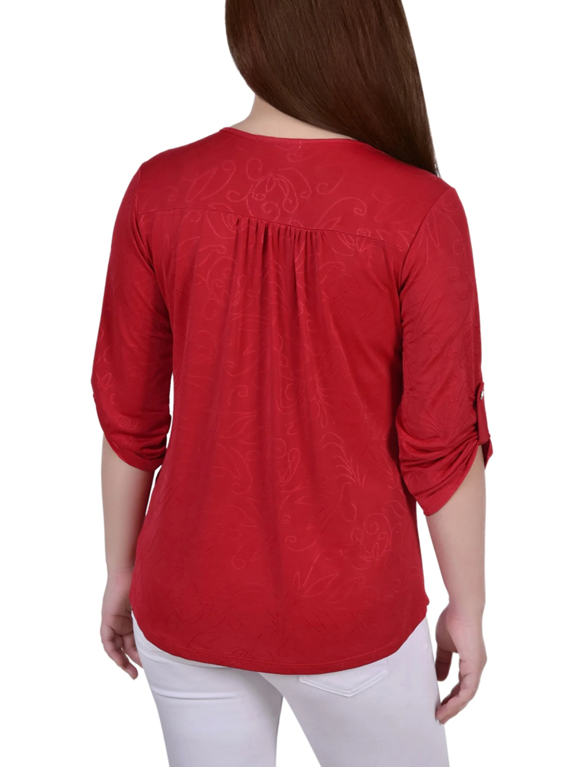 3/4 Roll Tab Zip Front Jacquard Knit Top