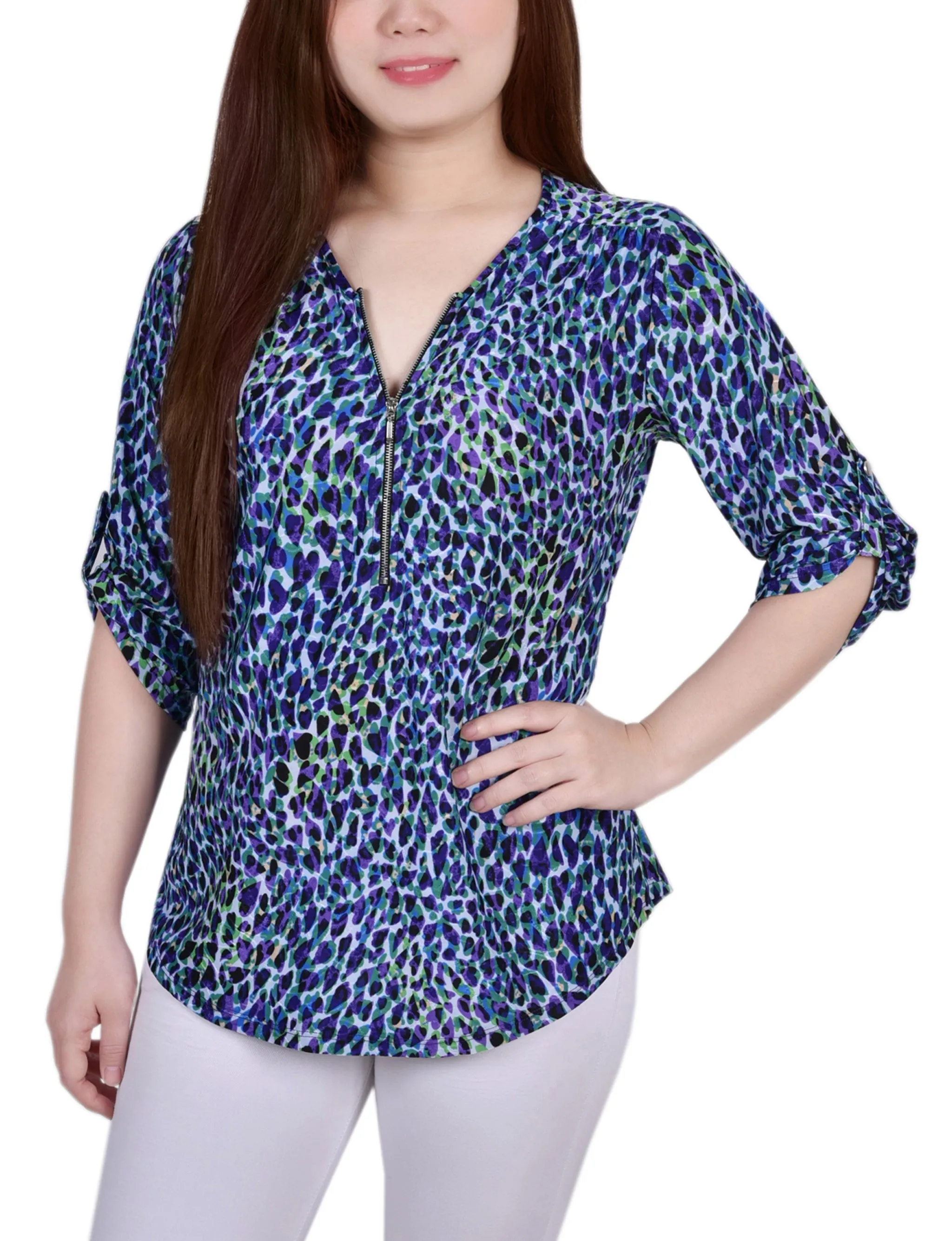 3/4 Roll Tab Zip Front Jacquard Knit Top