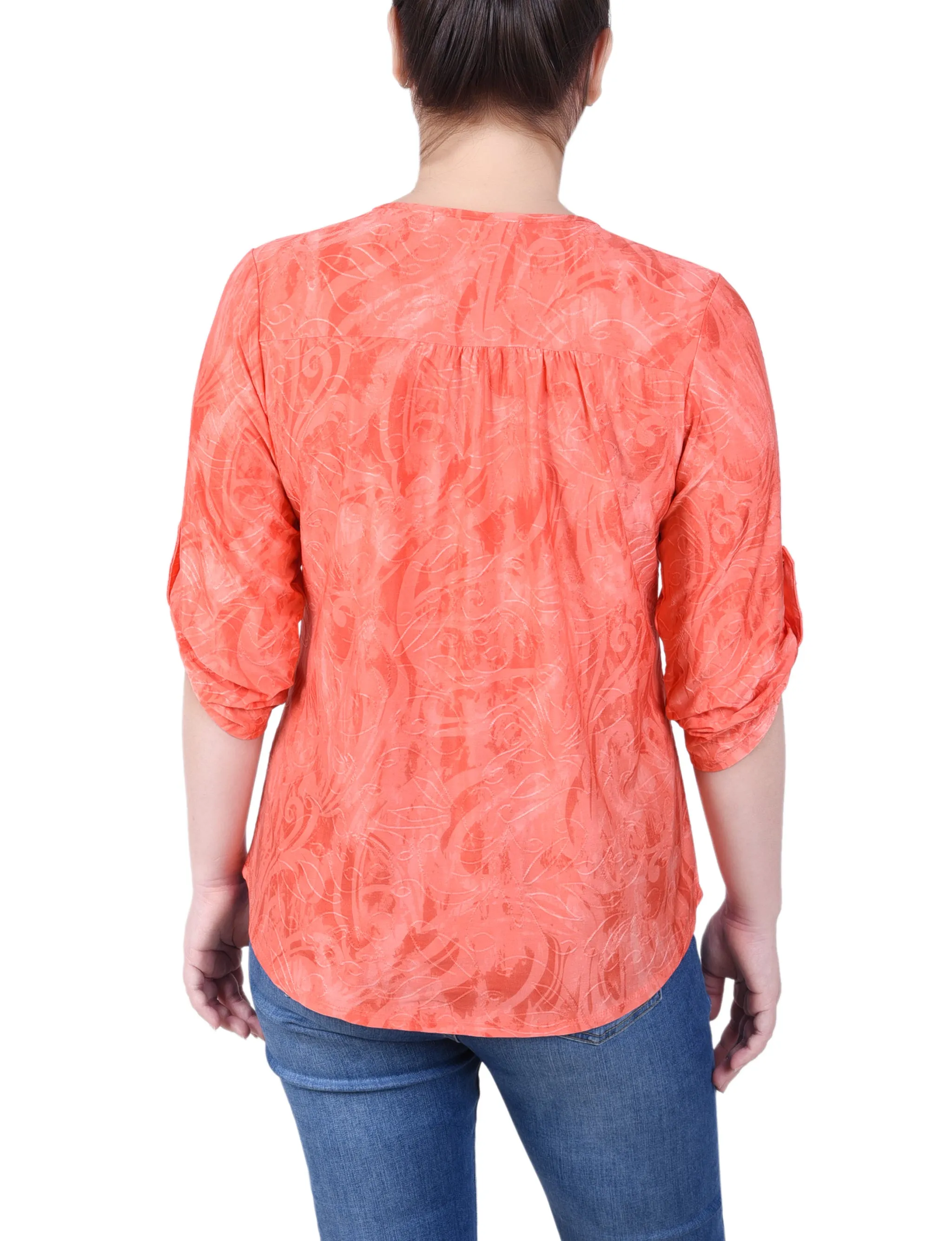 3/4 Roll Tab Zip Front Jacquard Knit Top