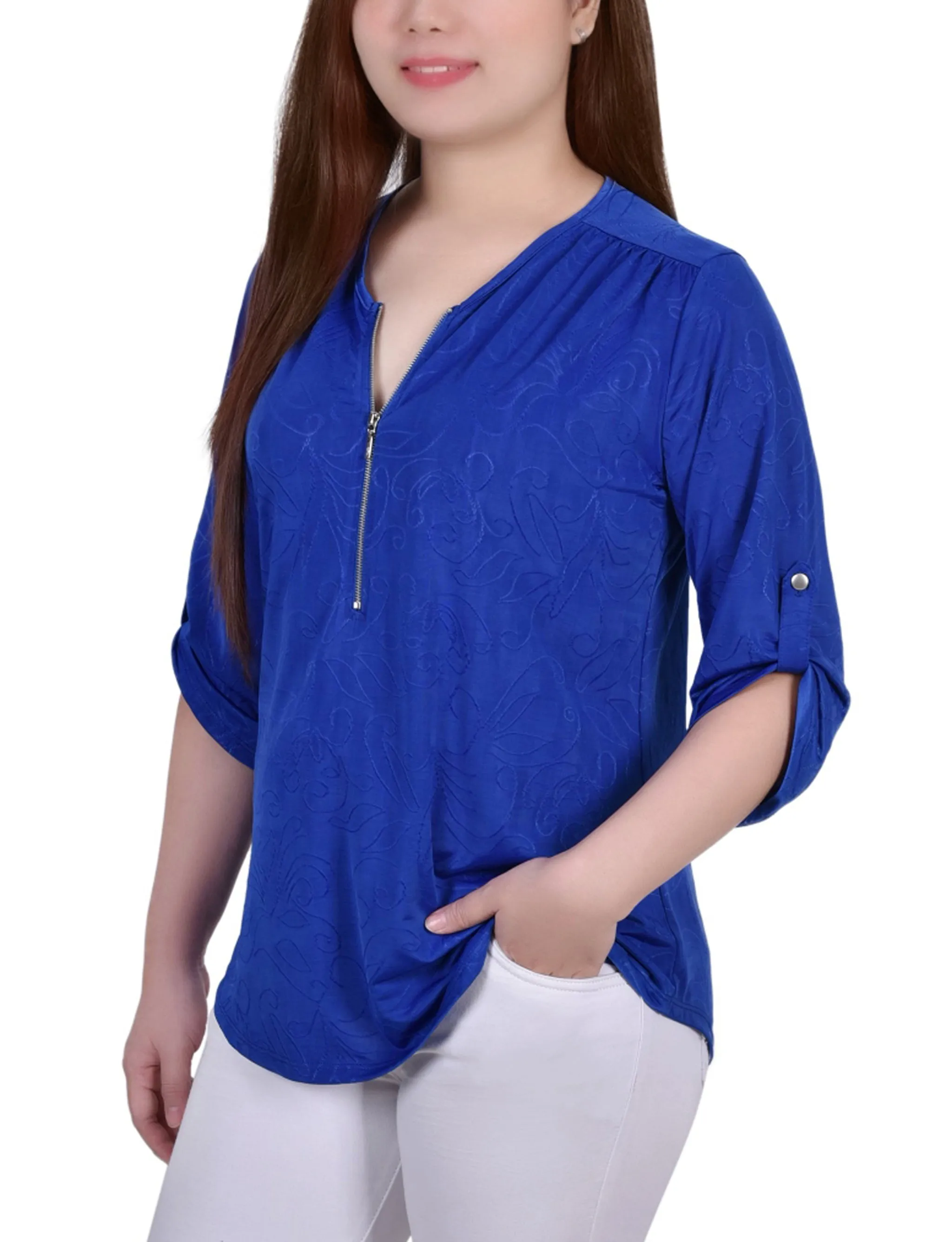 3/4 Roll Tab Zip Front Jacquard Knit Top