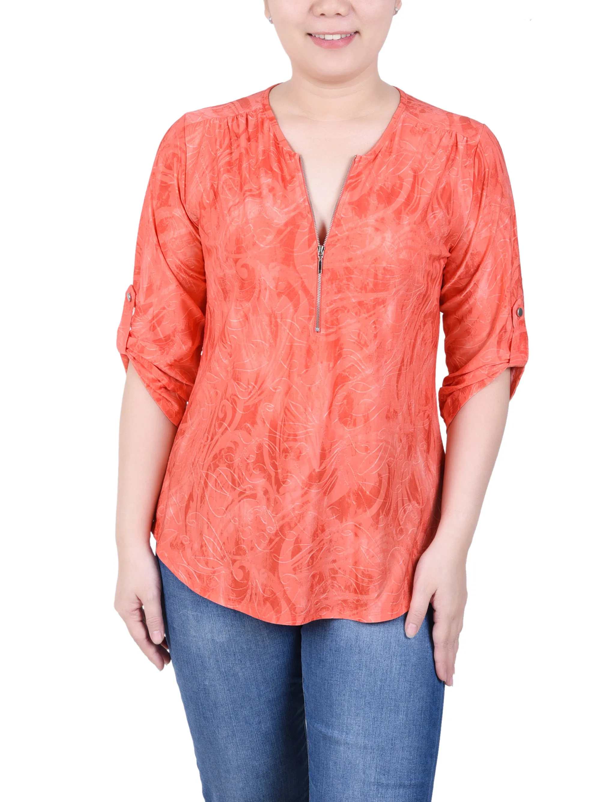 3/4 Roll Tab Zip Front Jacquard Knit Top
