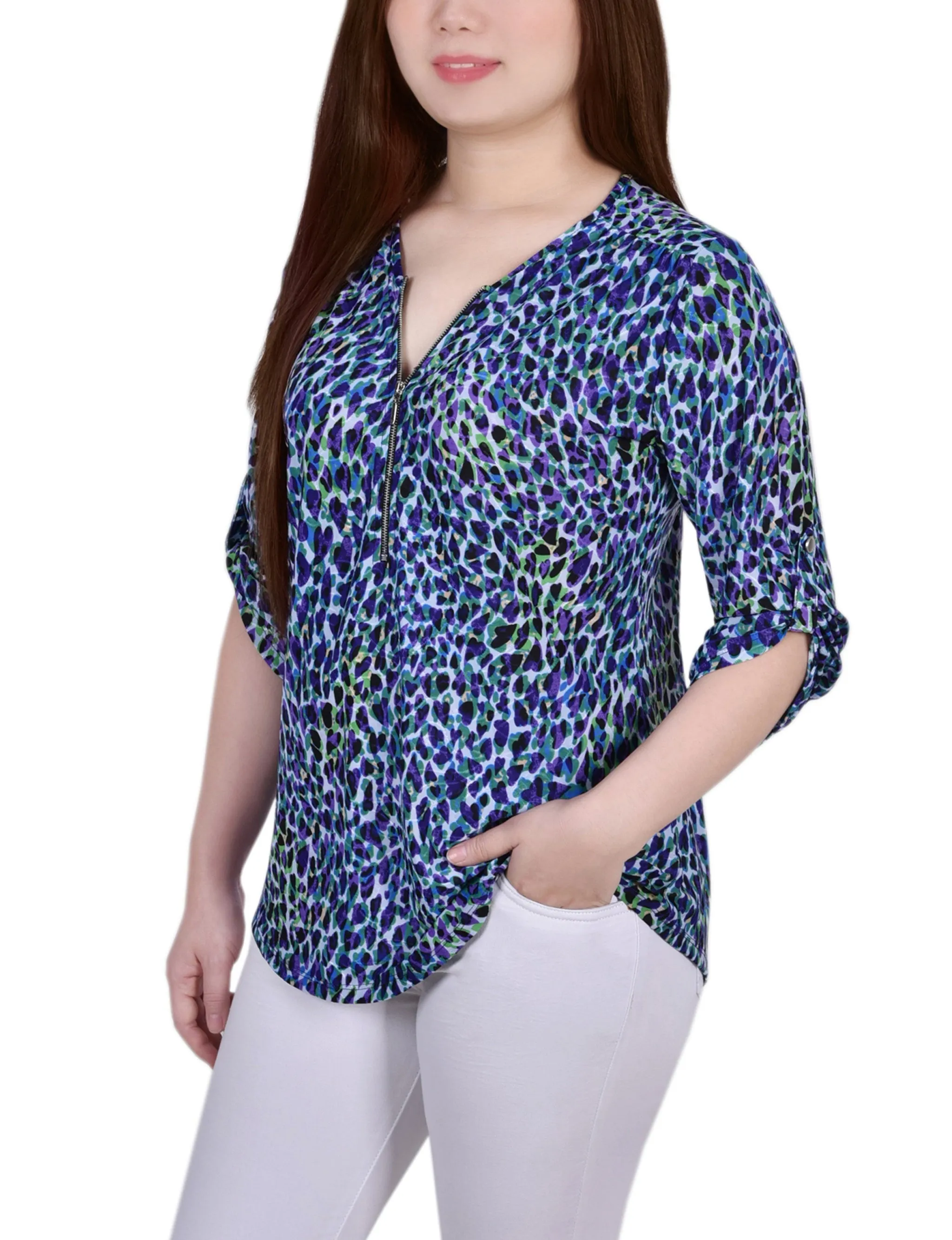 3/4 Roll Tab Zip Front Jacquard Knit Top