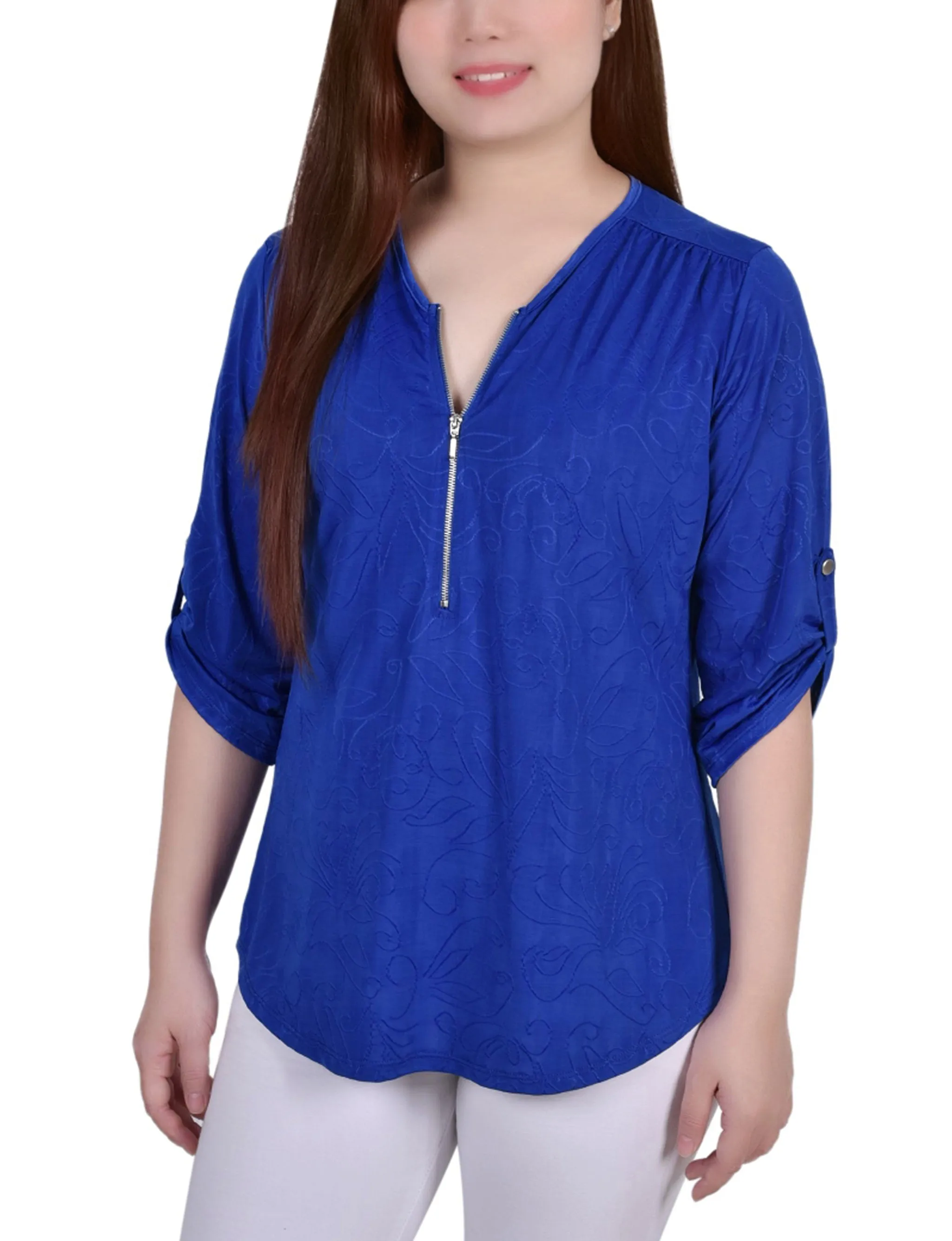 3/4 Roll Tab Zip Front Jacquard Knit Top
