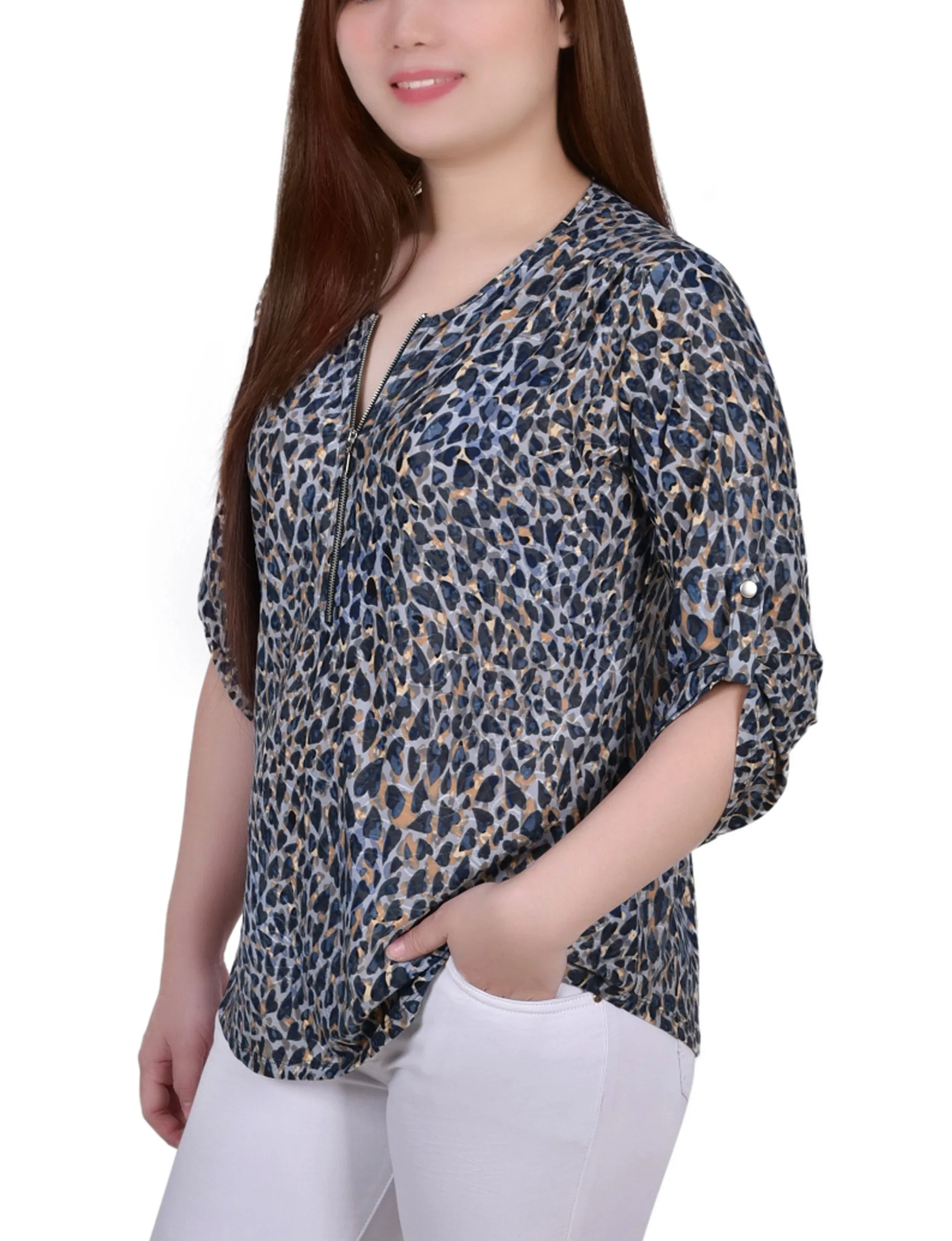 3/4 Roll Tab Zip Front Jacquard Knit Top