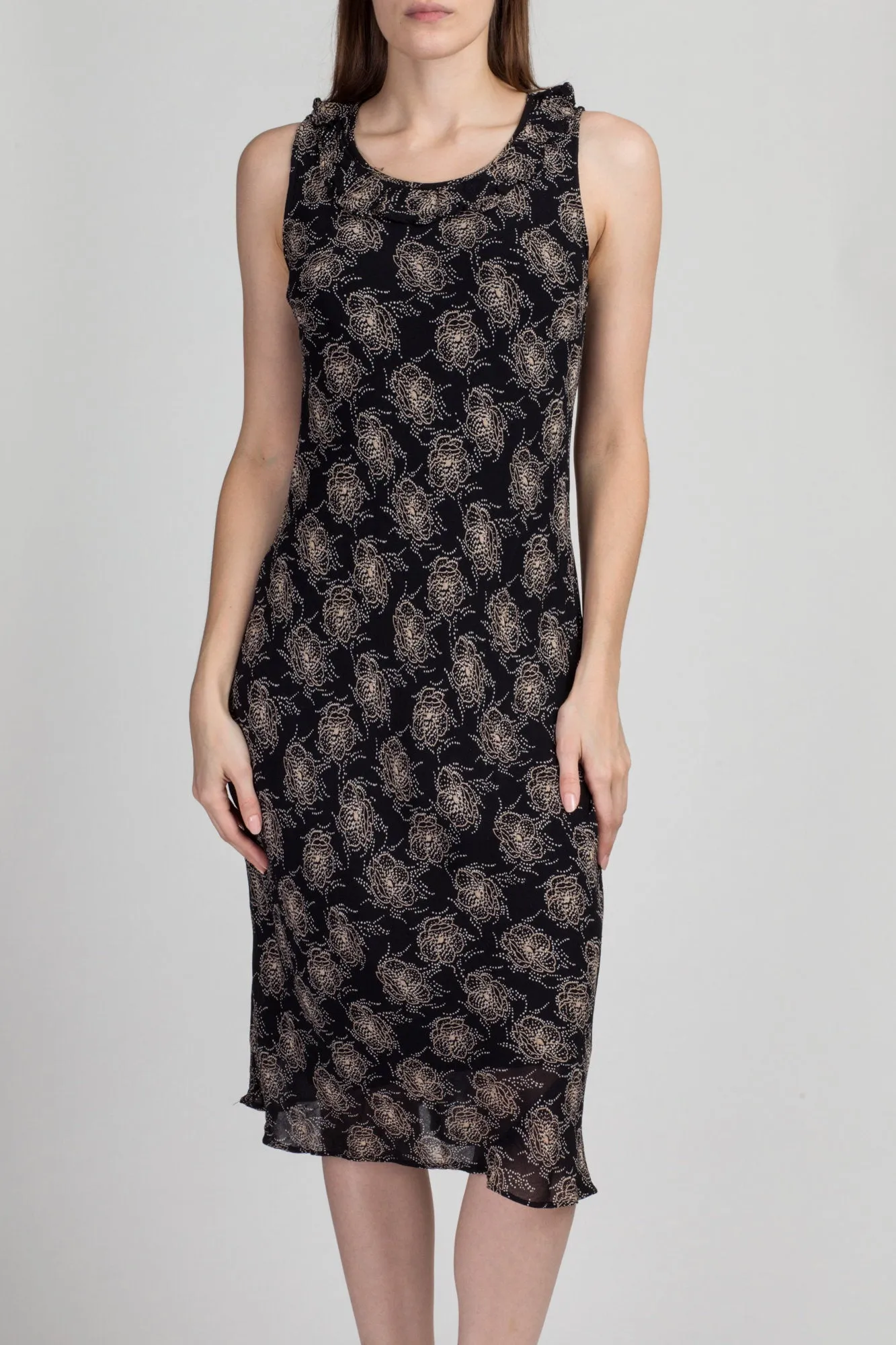 90s Black & White Floral Midi Dress - Medium