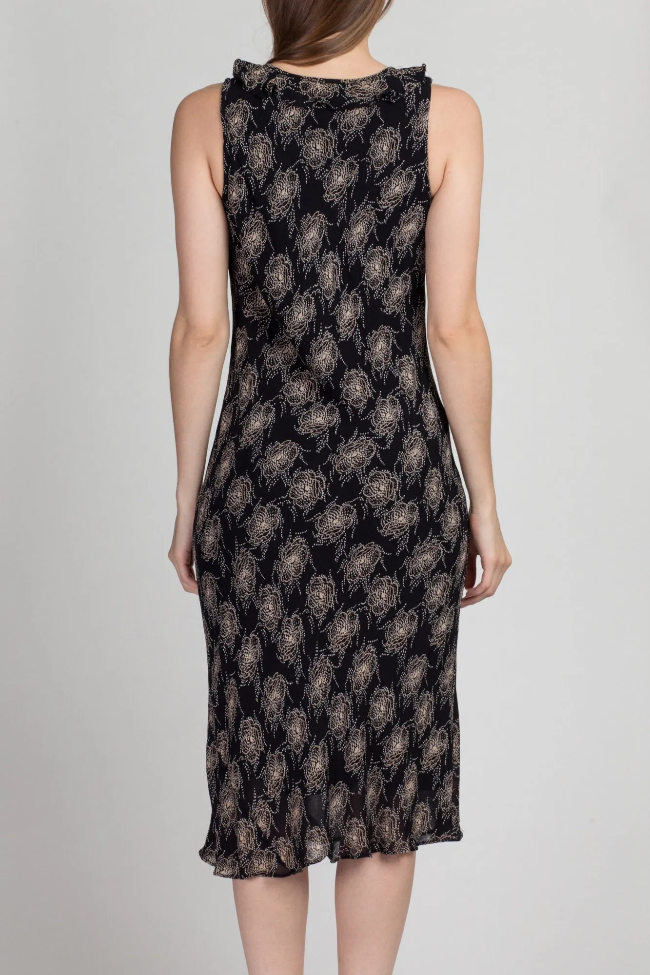 90s Black & White Floral Midi Dress - Medium
