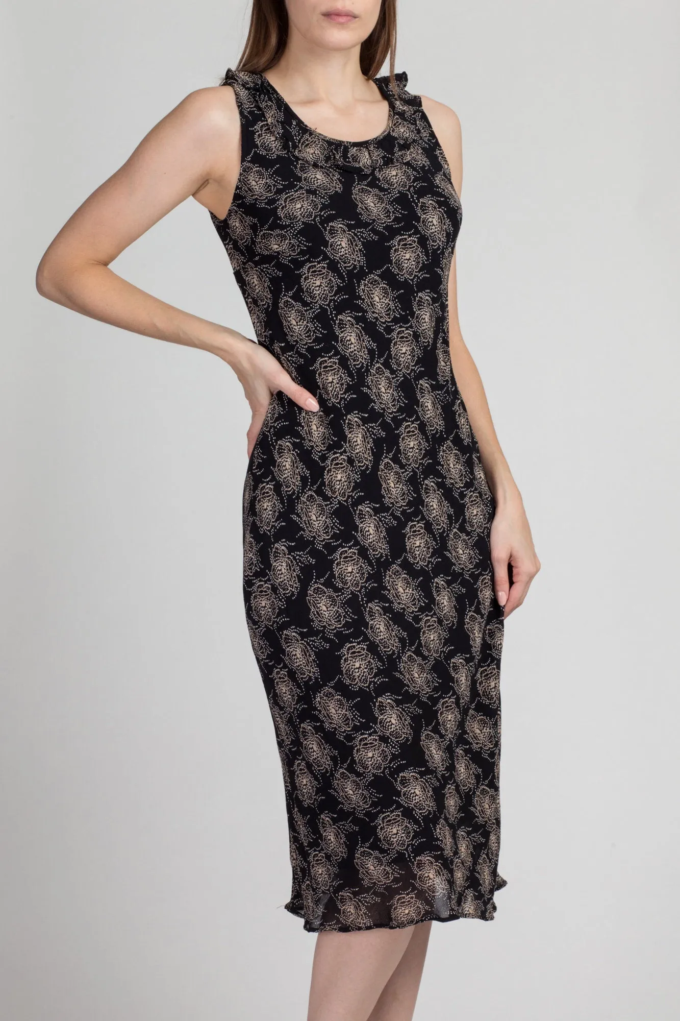 90s Black & White Floral Midi Dress - Medium