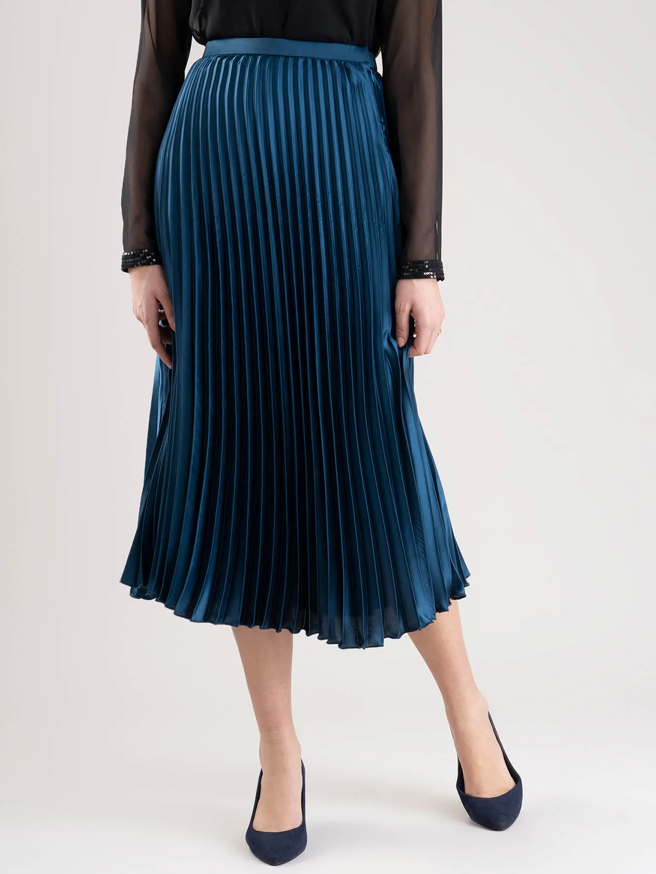 Accordion Pleated Satin Skirt - Teal