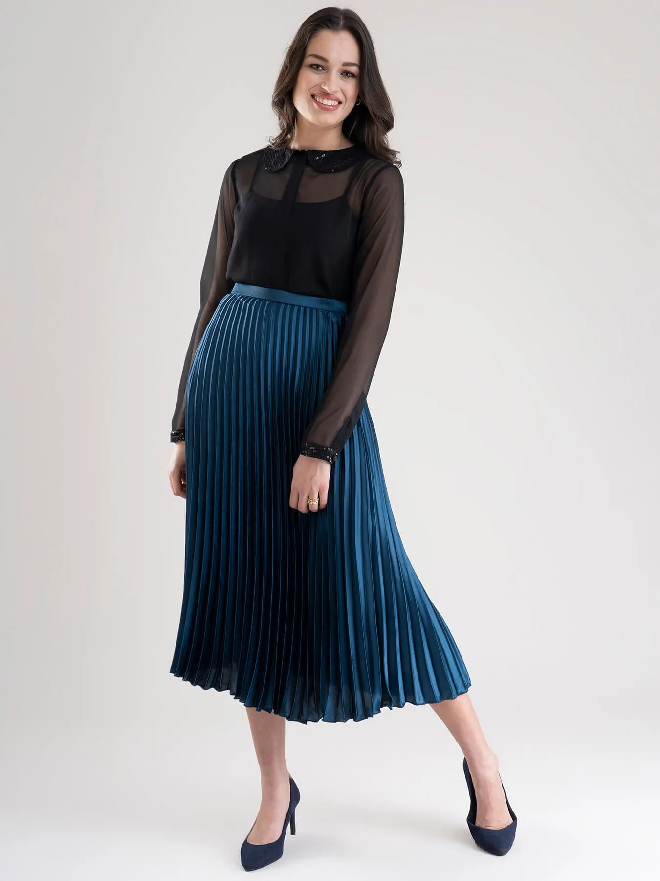 Accordion Pleated Satin Skirt - Teal