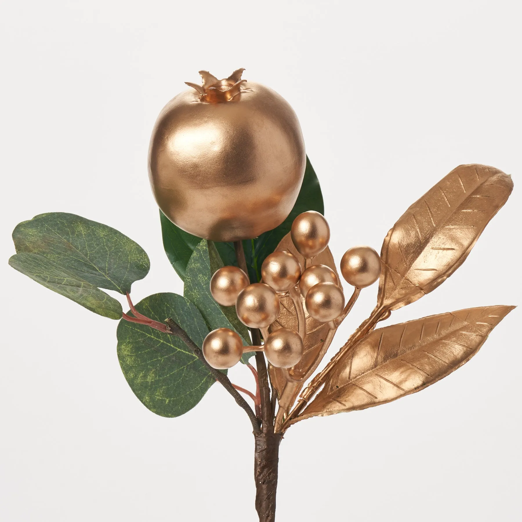 Antique Gold Holiday Leaf Pick Spray with Metallic Matte Pomegranate & Berries - 12"