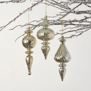 Antique Mercury Look Champagne Shatterproof Finial Style Christmas Tree Ornament - Set of Three