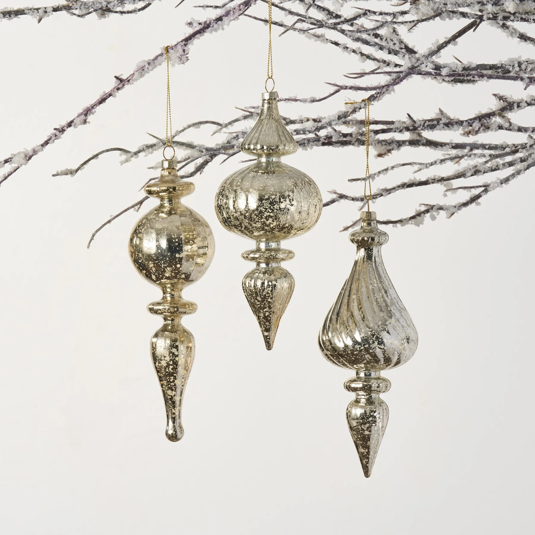 Antique Mercury Look Champagne Shatterproof Finial Style Christmas Tree Ornament - Set of Three