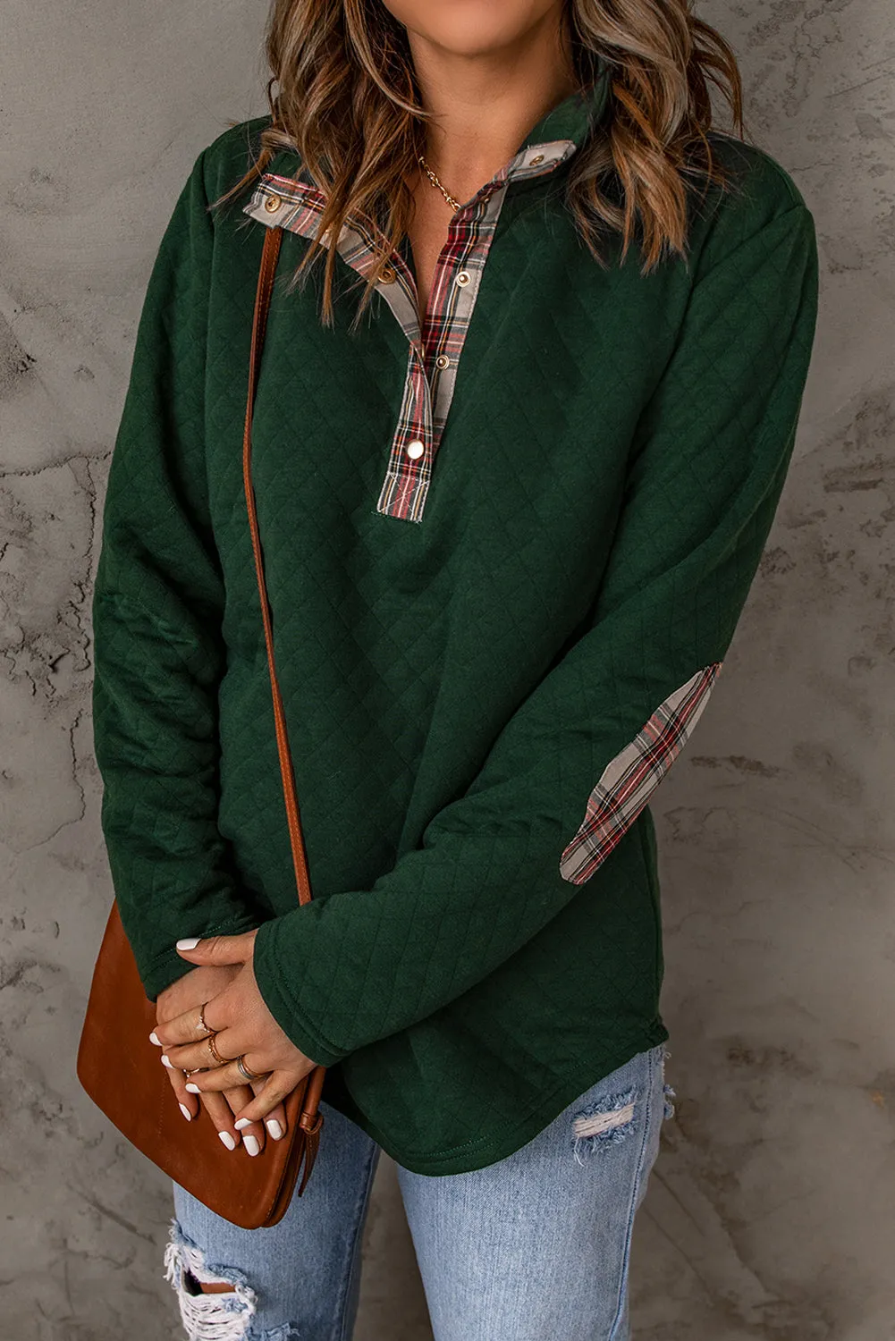 *App Exclusive* Plaid Snap Down Quilted Sweatshirt