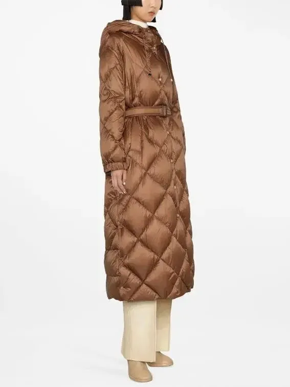 Belted Diamond-Quilted Hooded Coat