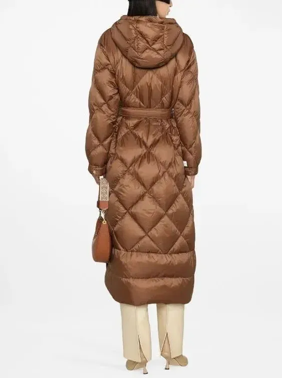 Belted Diamond-Quilted Hooded Coat