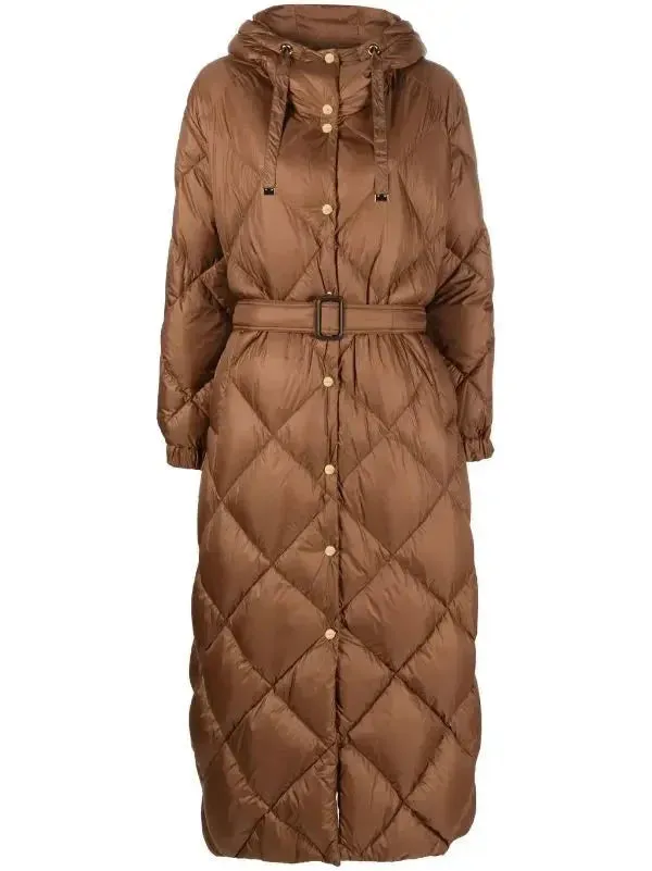 Belted Diamond-Quilted Hooded Coat