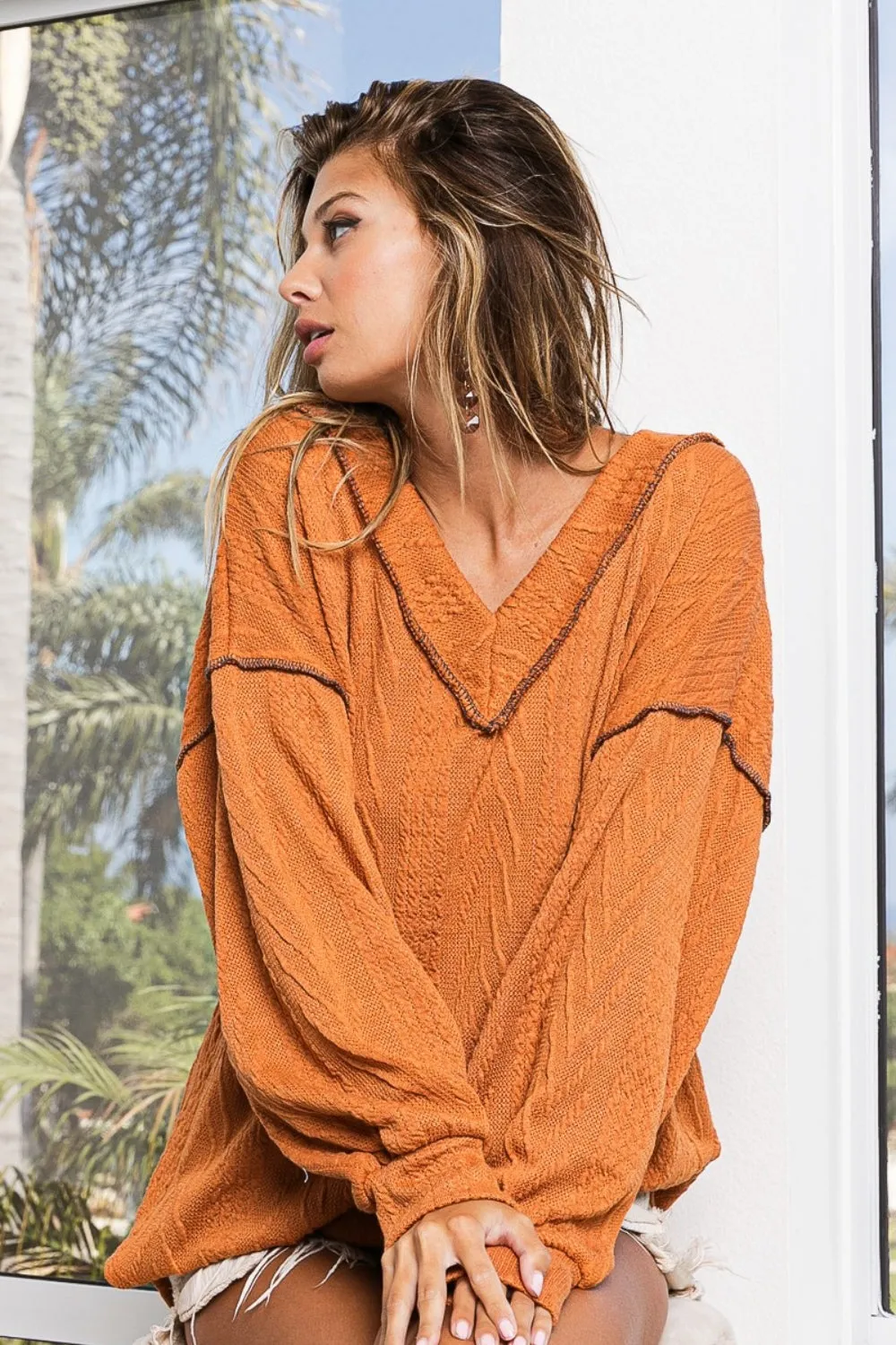 BiBi Textured Exposed Seam Drop Shoulder Knit Top in Rust