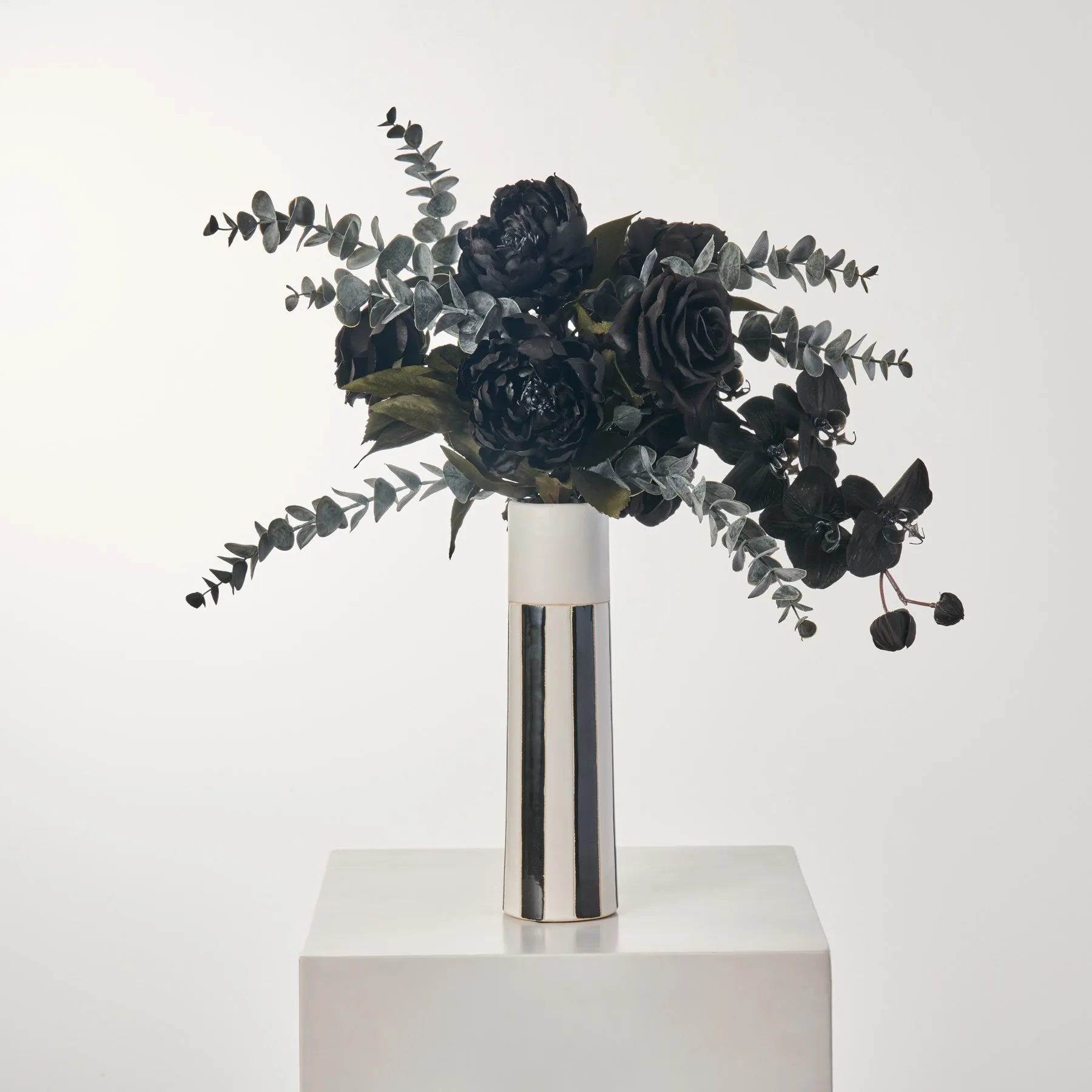 Black Beetle - Orchid, Peony & Rose in Black & White Striped Column Vase Halloween Floral Arrangement Decor