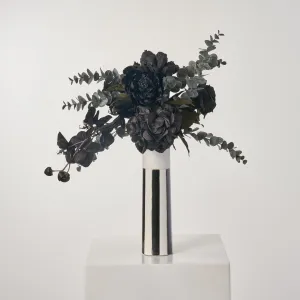 Black Beetle - Orchid, Peony & Rose in Black & White Striped Column Vase Halloween Floral Arrangement Decor