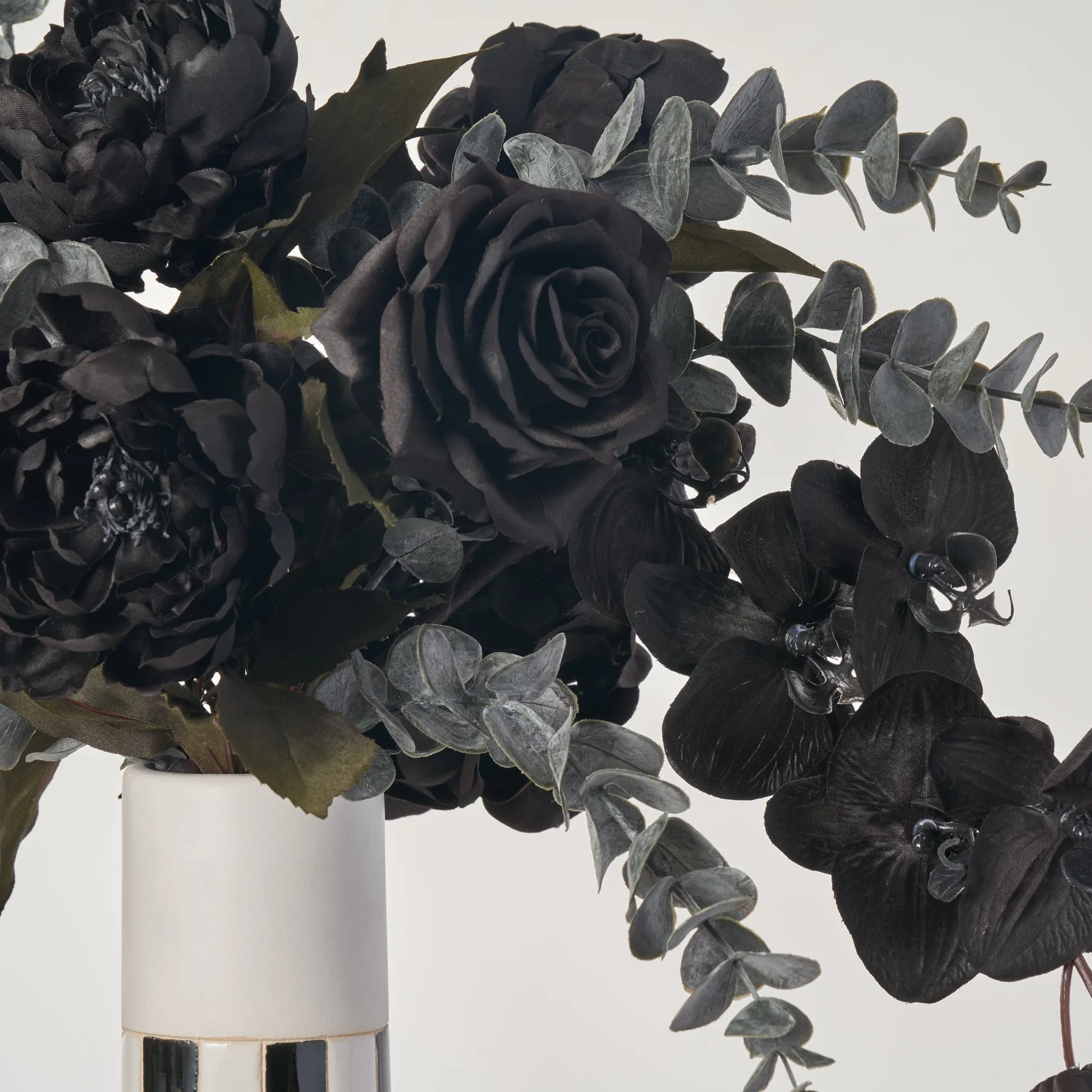 Black Beetle - Orchid, Peony & Rose in Black & White Striped Column Vase Halloween Floral Arrangement Decor
