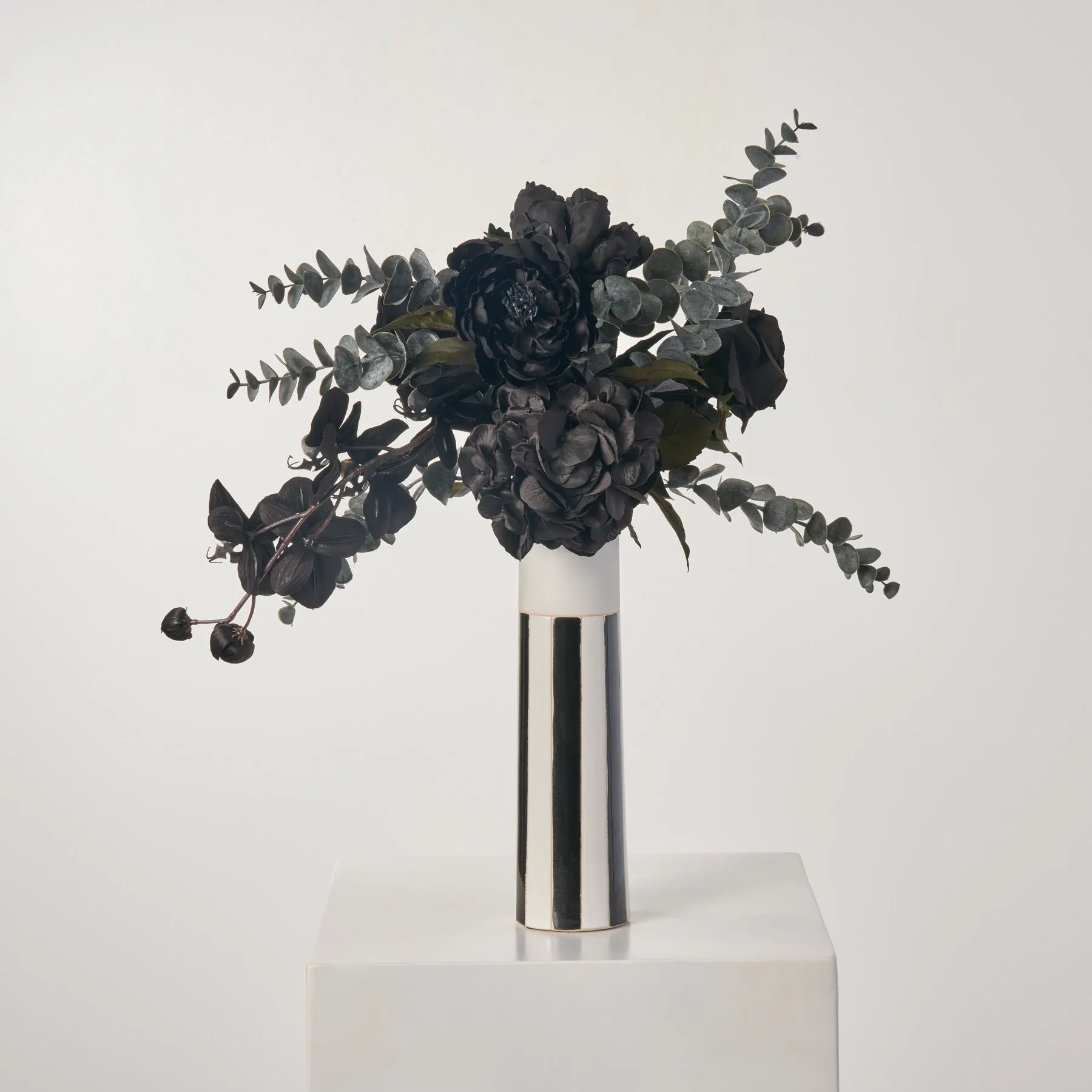 Black Beetle - Orchid, Peony & Rose in Black & White Striped Column Vase Halloween Floral Arrangement Decor