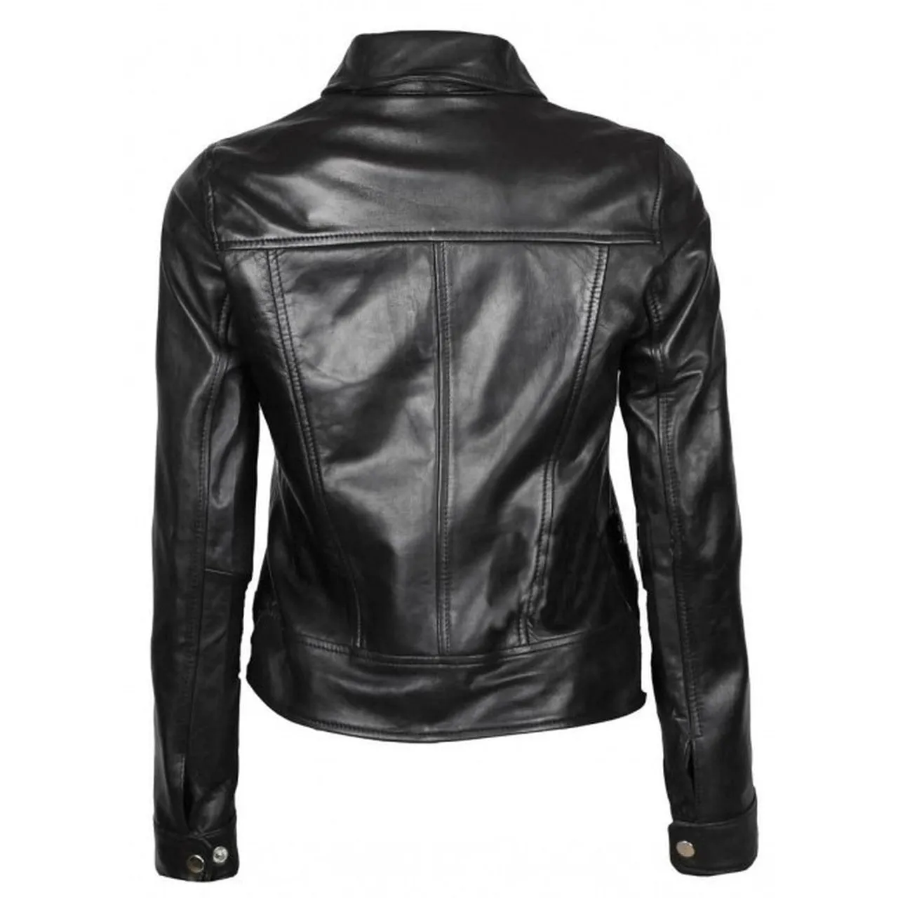 Black Button Up Casual Leather Jacket For Women