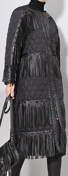 Black Fringed Quilted Coat