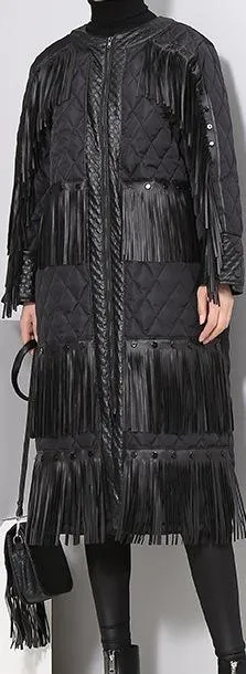 Black Fringed Quilted Coat