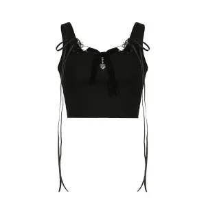 Black Ribbon Strap Crop Top with Heart Charm