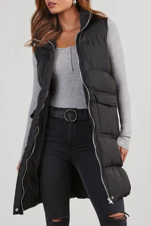 Blue Zone Planet |  Black Solid Color Puffer Zip Up Pocketed Vest Coat
