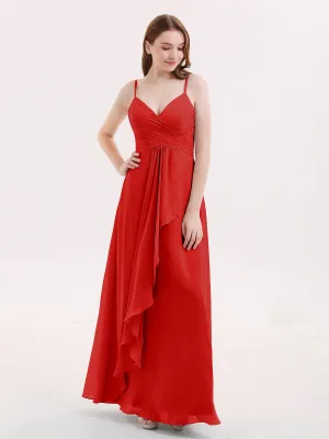 Chiffon Bridesmaid Dresses with Cascade Skirt-Red