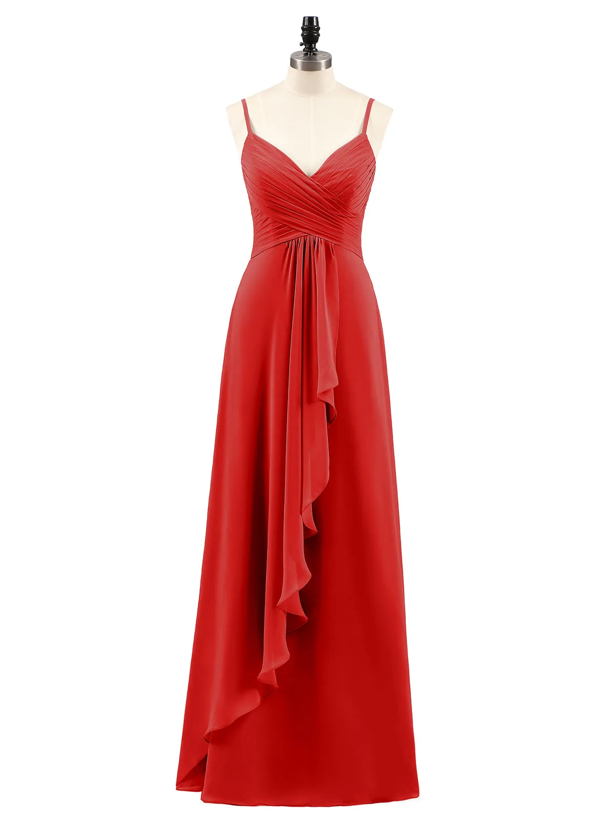 Chiffon Bridesmaid Dresses with Cascade Skirt-Red