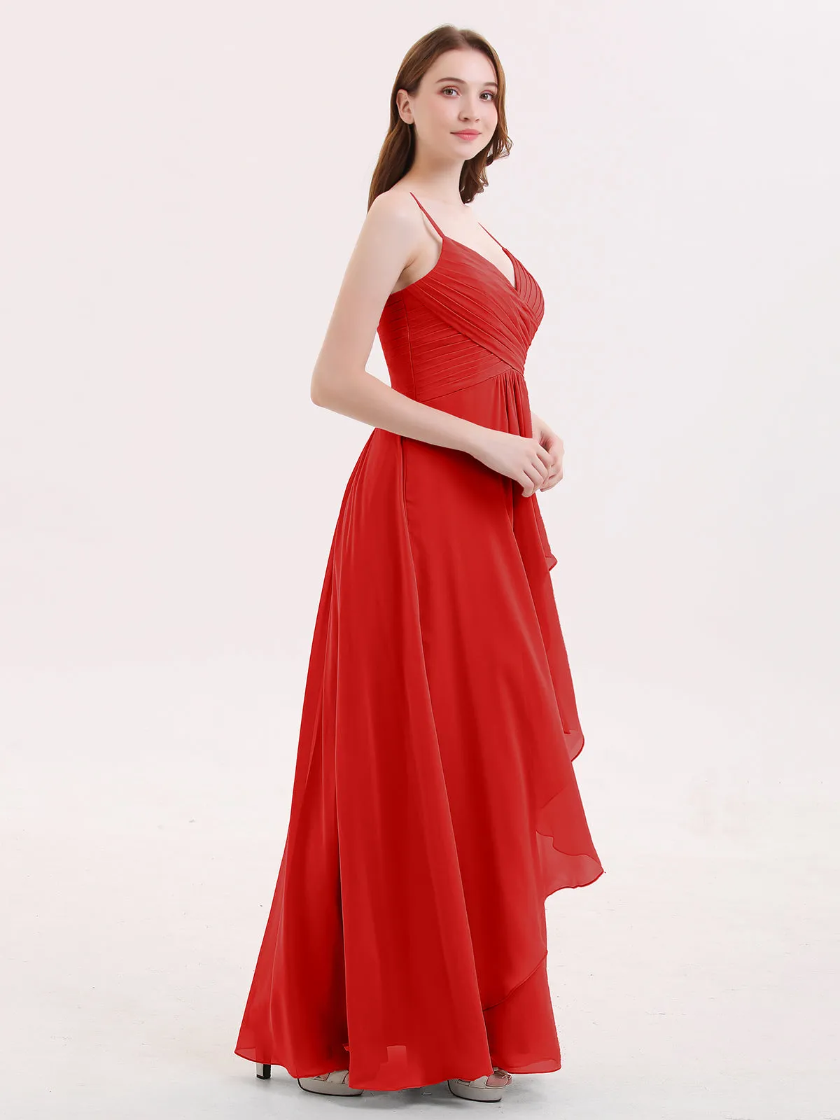 Chiffon Bridesmaid Dresses with Cascade Skirt-Red
