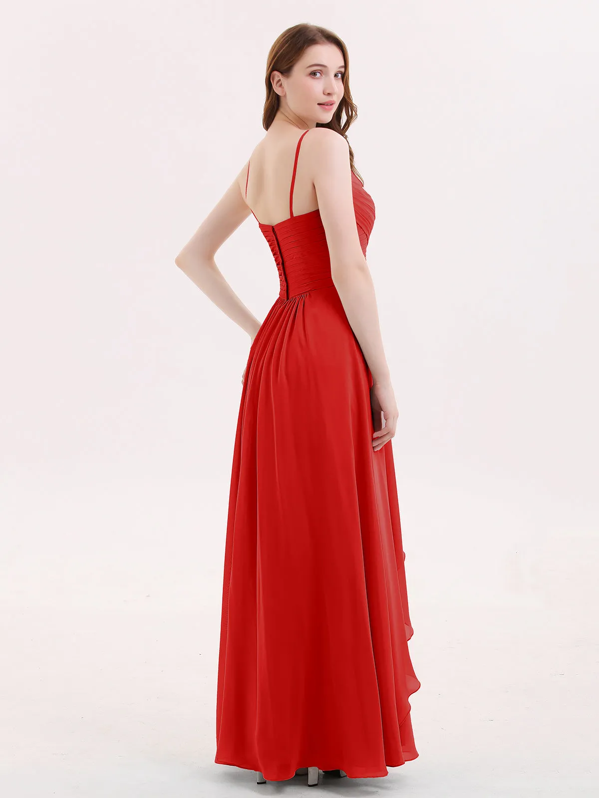 Chiffon Bridesmaid Dresses with Cascade Skirt-Red