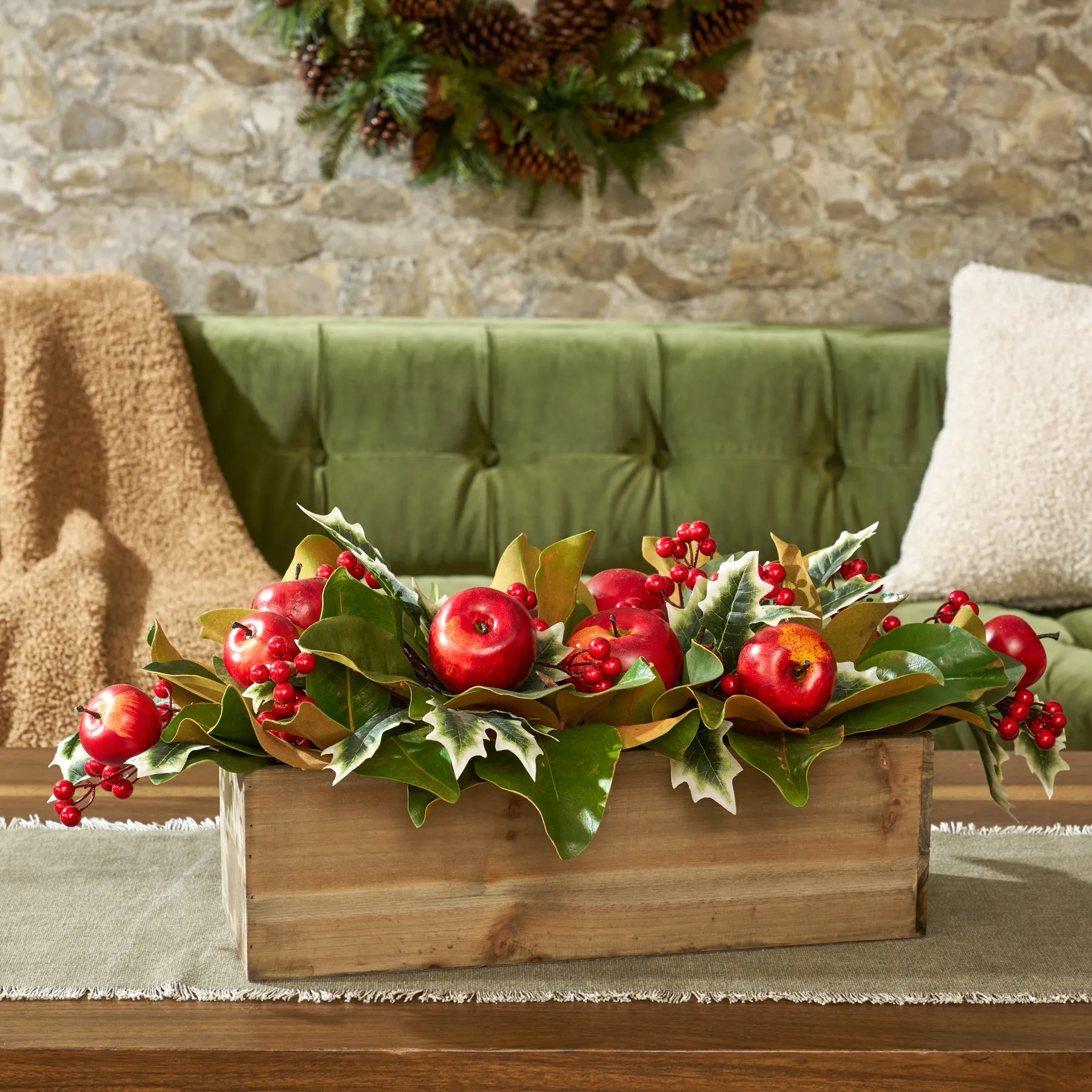 Classic Red Apple, Holly & Magnolia Leaf Christmas Arrangement in Large Wood Planter Box