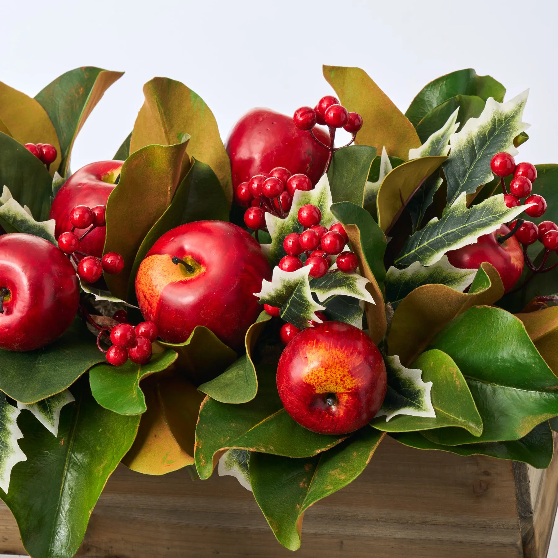 Classic Red Apple, Holly & Magnolia Leaf Christmas Arrangement in Large Wood Planter Box