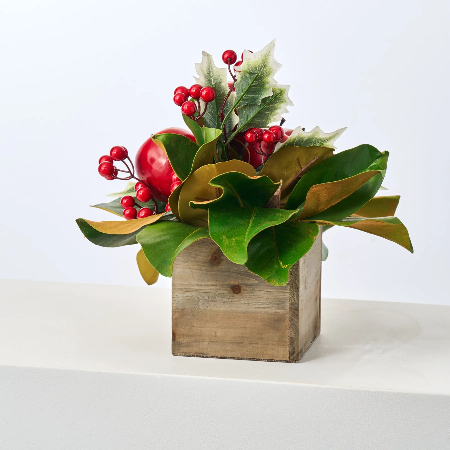 Classic Red Apple, Holly & Magnolia Leaf Christmas Arrangement in Small Wood Planter Box