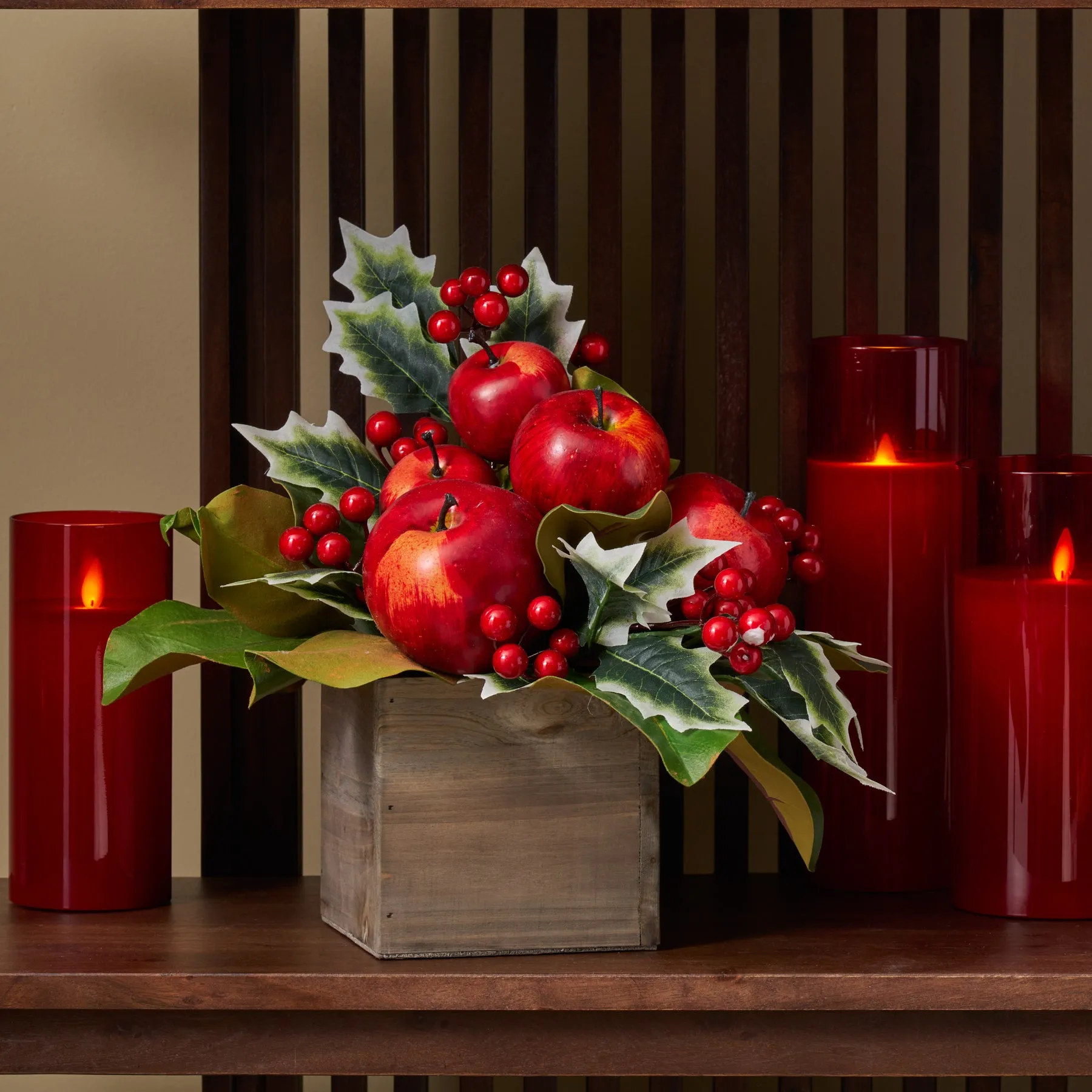 Classic Red Apple, Holly & Magnolia Leaf Christmas Arrangement in Small Wood Planter Box