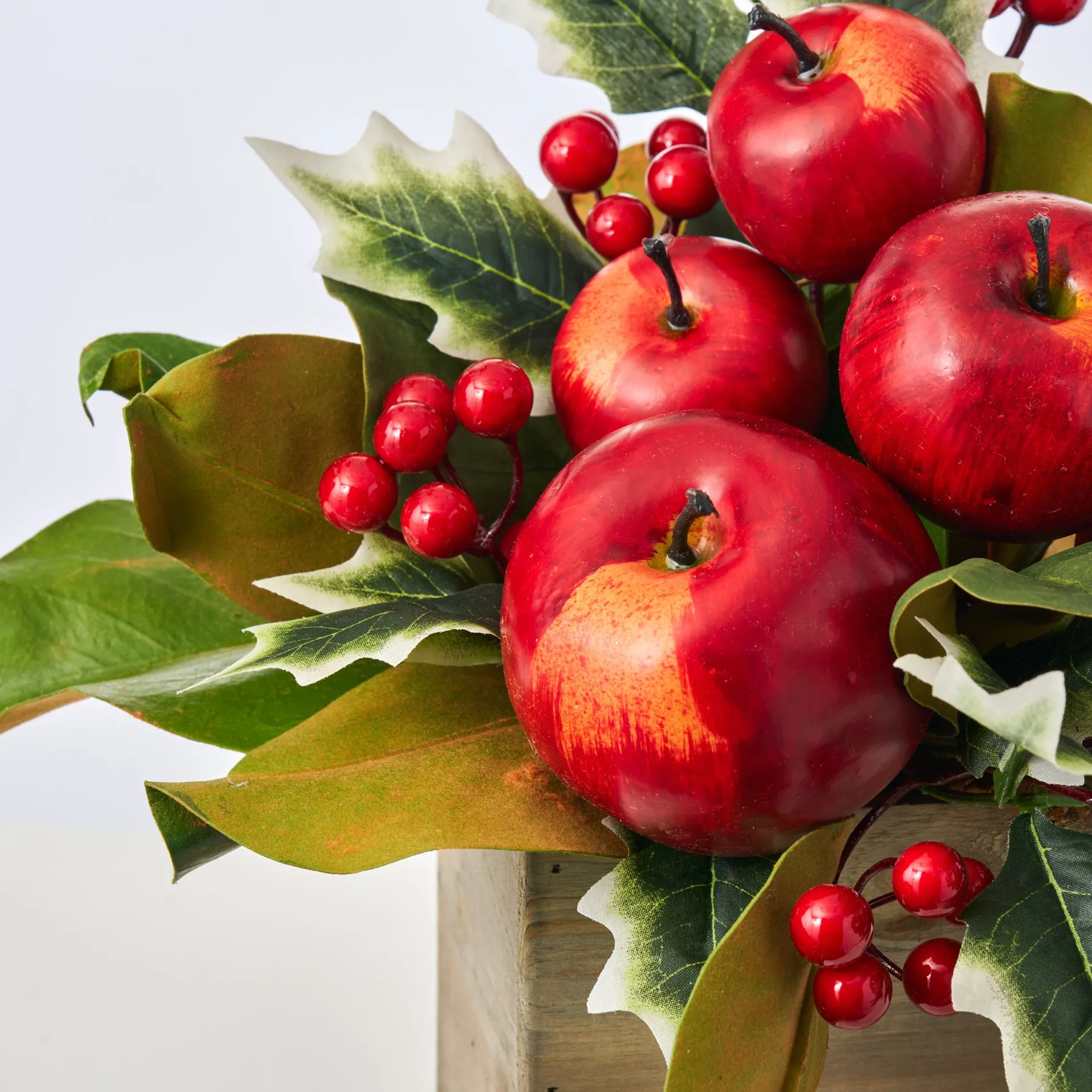 Classic Red Apple, Holly & Magnolia Leaf Christmas Arrangement in Small Wood Planter Box