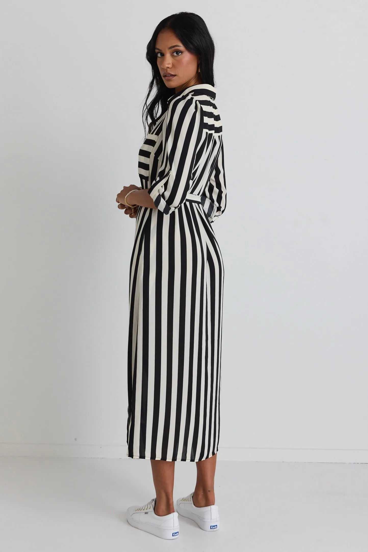 Cyprus Black and White Stripe LS Shirt Midi Dress