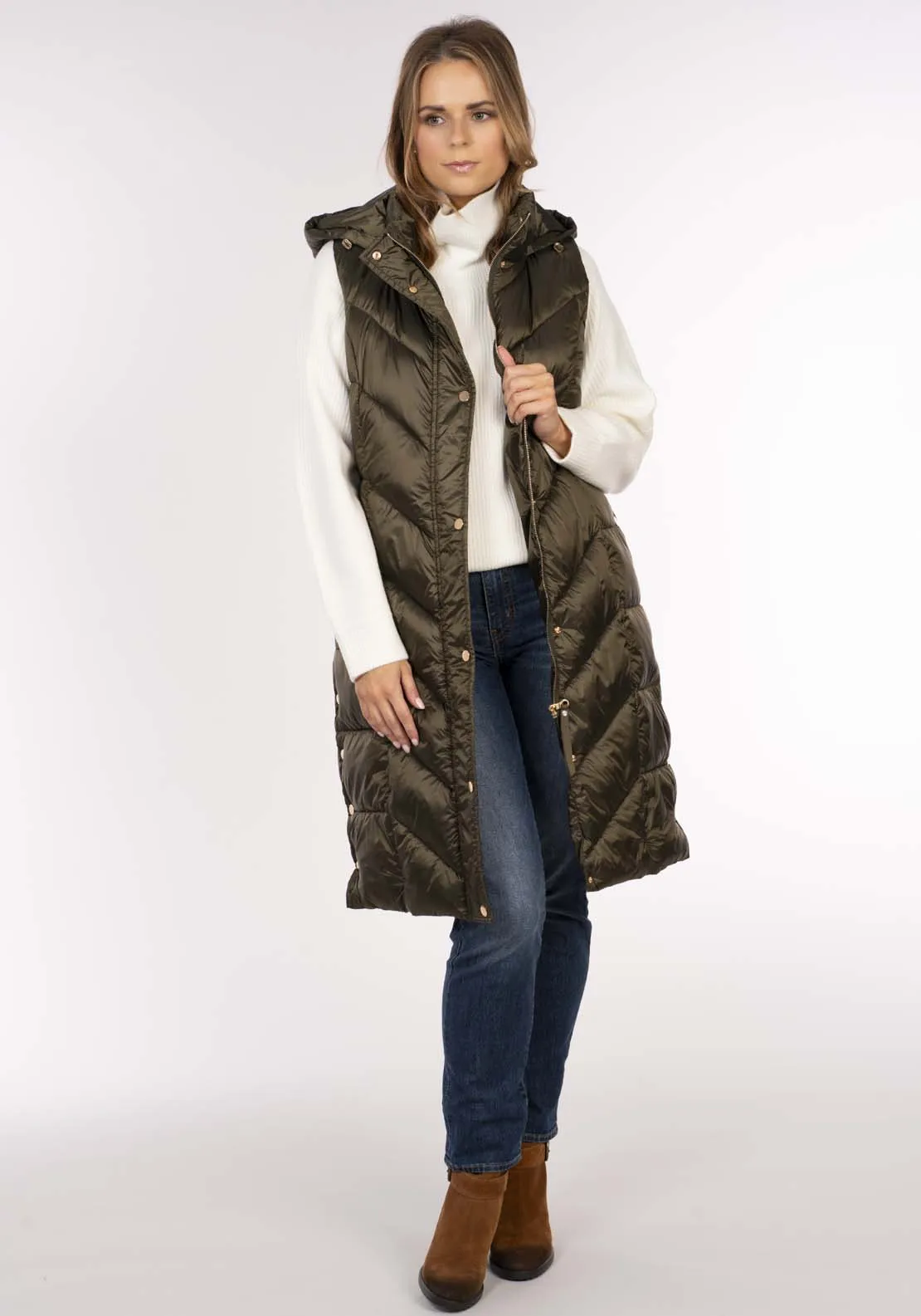 Diamond Quilt Long Gilet - Green