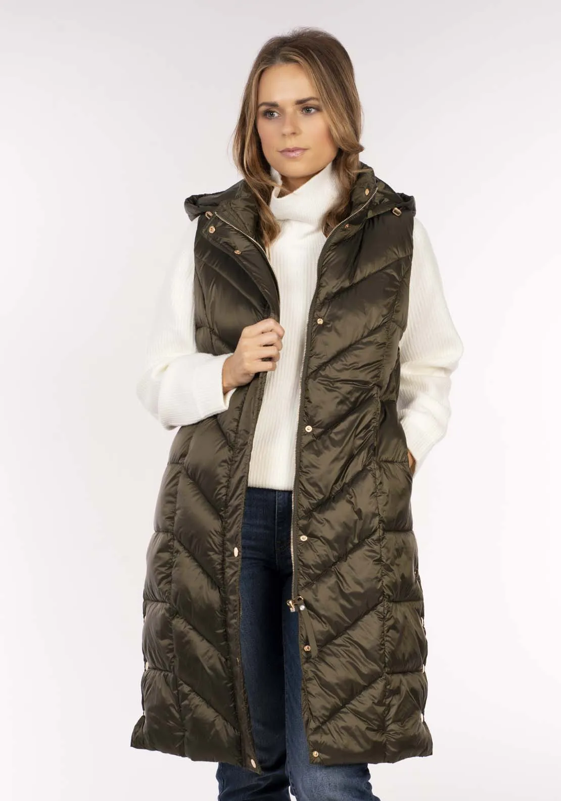 Diamond Quilt Long Gilet - Green