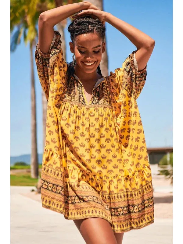 JAASE Sun Beam Print Alice Mini Dress - Mustard Yellow
