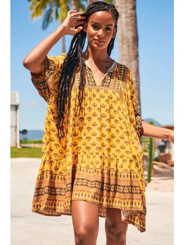 JAASE Sun Beam Print Alice Mini Dress - Mustard Yellow